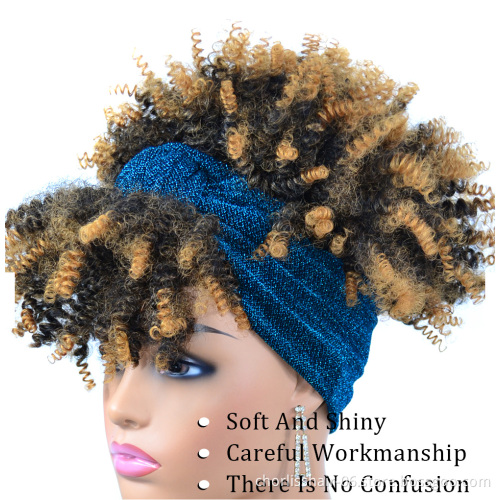 Hot Selling Black Fluffy Afro Short Kinky Curly Turban Wigs With Headband Attached For Black Women Synthetic Hair Wigs